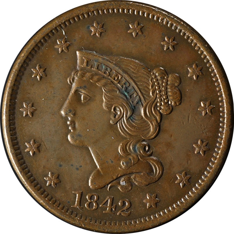 1842 Large Cent Large Date Uncirculated Copper Coin Nice Eye Appeal: 1842 Large Cent Large Date Uncirculated Copper Coin Nice Eye Appeal This 1842 Large Cent features a 'Large Date' style, showcasing excellent eye appeal and a strong strike. The coin is graded as Nice 