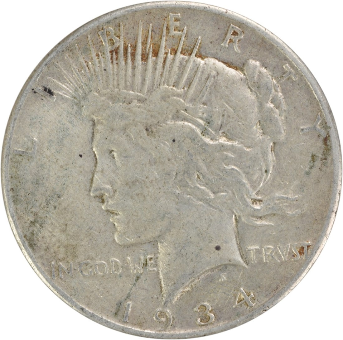 VF 1934 S United States Peace Dollar Silver $1 Uncertified: VF 1934 S United States Peace Dollar Silver $1 Uncertified 1934-S Peace silver dollar in circulated Very Fine condition. This uncertified pre-owned coin is composed of silver and was issued in the Uni