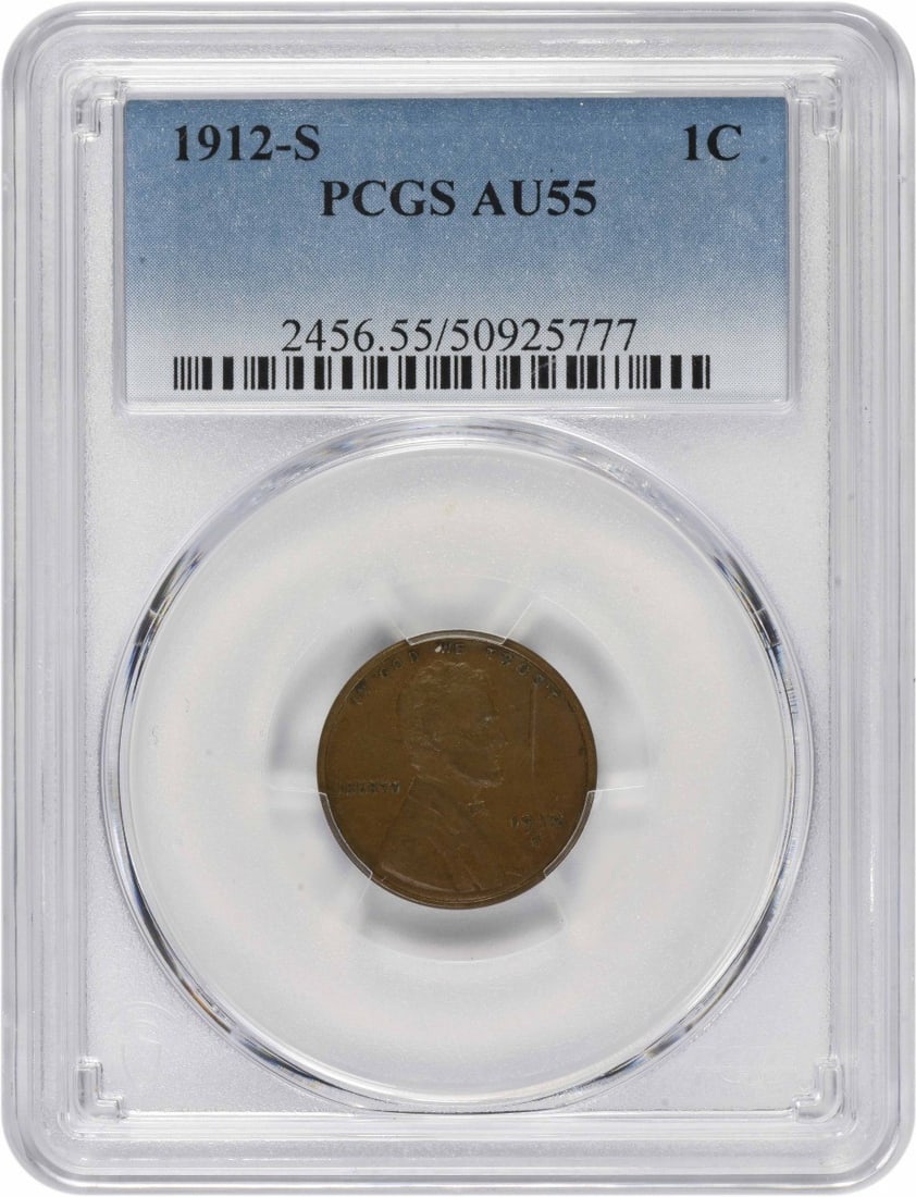 PCGS AU55 1912 S Lincoln Wheat Small Cent: PCGS AU55 1912 S Lincoln Wheat Small Cent 1912-S Lincoln Wheat small cent graded AU55 by PCGS. This circulated, pre-owned United States coin is struck in copper and features the sought-after 1912-S is