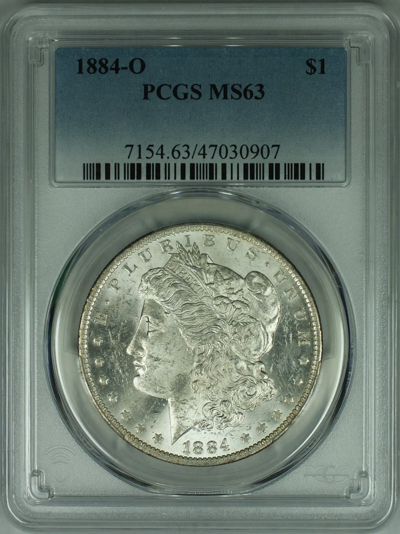 PCGS MS-63 1884-O Silver Morgan Dollar New Orleans Mint Certified Coin: PCGS MS-63 1884-O Silver Morgan Dollar New Orleans Mint Certified Coin This 1884-O Morgan Silver Dollar coin is certified by PCGS with a grade of MS-63. Minted in New Orleans, it is composed of silver