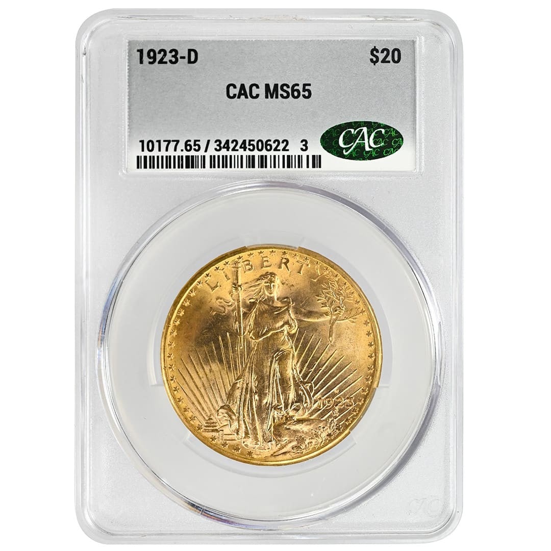 United States 1923 Denver $20 St. Gaudens Gold Coin CACG MS65: United States 1923 Denver $20 St. Gaudens Gold Coin CACG MS65 Pre-owned 1923-D $20 St. Gaudens gold rare coin, graded MS65 by CACG. This Type 3 With Motto issue was minted in Denver and is a United St