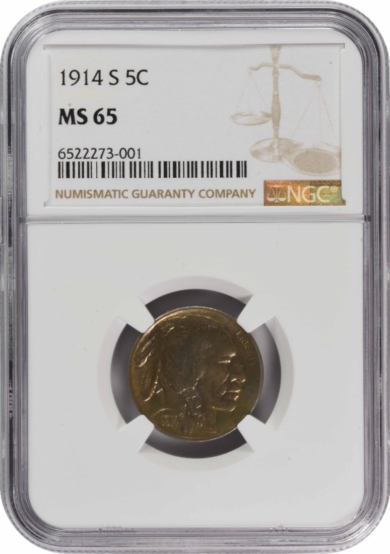 NGC MS65 1914-S Buffalo 5C Coin San Francisco: NGC MS65 1914-S Buffalo 5C Coin San Francisco This 1914 Buffalo Nickel was minted in San Francisco and is graded MS65 by NGC. Designed by James Earle Fraser, the coin is composed of 75% copper and 25%