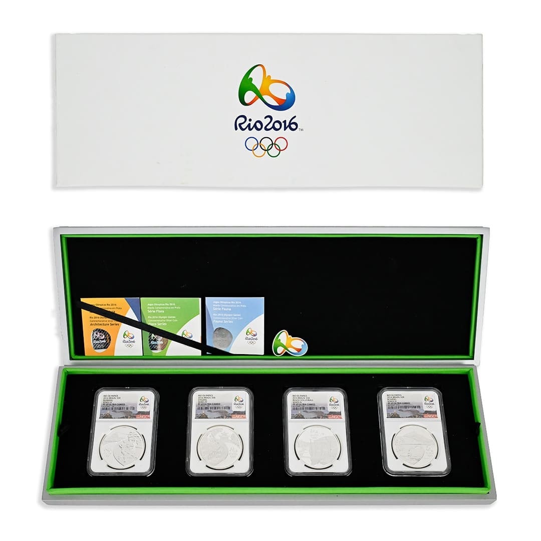 Brazil 2016 Rio Olympics 4 Silver 5 Reais Coins NGC PF69 UC: Brazil 2016 Rio Olympics 4 Silver 5 Reais Coins NGC PF69 UC 2016 Rio Olympics silver coin set from Brazil featuring four commemorative 5 Reais coins issued for the Summer Games. Each coin is graded NG