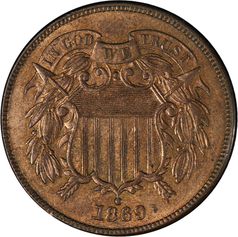 Choice BU Plus 1869 United States Two Cent Copper Coin Uncirculated: Choice BU Plus 1869 United States Two Cent Copper Coin Uncirculated This stunning 1869 Two (2) Cent Piece features exceptional eye appeal, showcasing a beautiful luster and a strong strike. The coin p