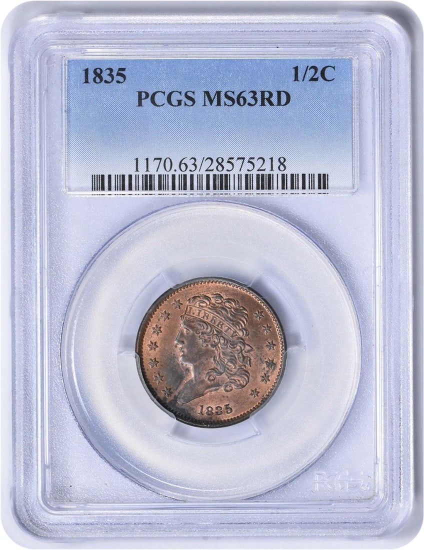PCGS MS63RD 1835 Classic Head Half Cent Copper Coin: PCGS MS63RD 1835 Classic Head Half Cent Copper Coin 1835 Classic Head Half Cent certified by PCGS. This pre-owned United States coin is an uncirculated example with a plain edge and copper composition