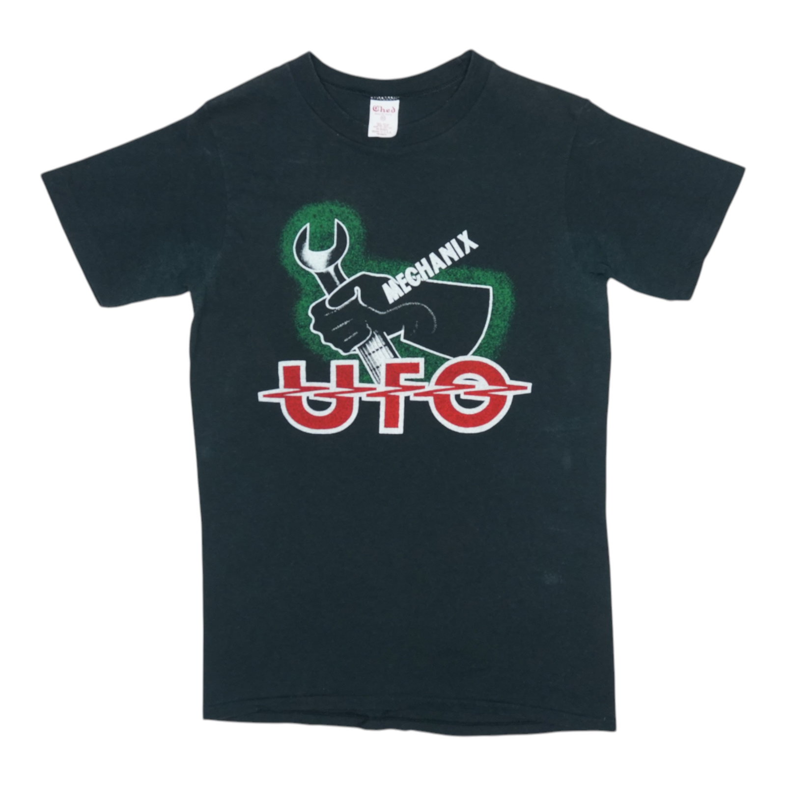 Vintage 1982 UFO Mechanix Tour Black Poly Cotton Band Shirt Medium: Vintage 1982 UFO Mechanix Tour Black Poly Cotton Band Shirt Medium This is an original vintage 1982 UFO Mechanix Tour Shirt, featuring graphics on both the front and back. Made from a 50/50 poly/cotto