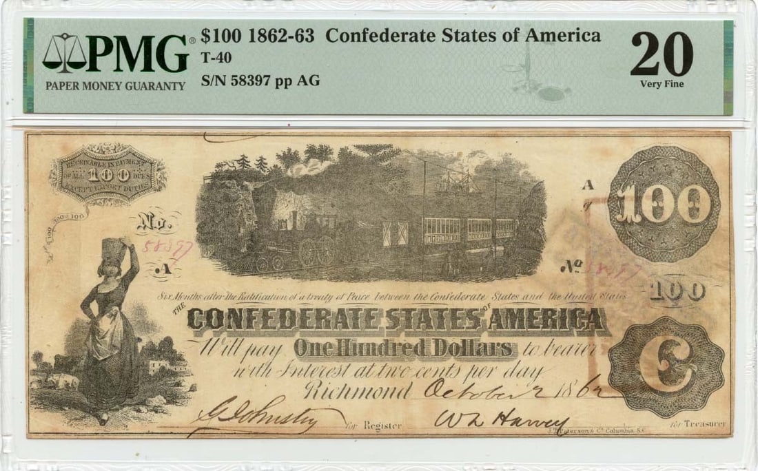 PMG VF20 1862 Confederate States of America $100 Note T-40: PMG VF20 1862 Confederate States of America $100 Note T-40 1862 Confederate States of America T-40 $100 note certified by PMG and graded VF20. This pre-owned circulated note is presented as described.