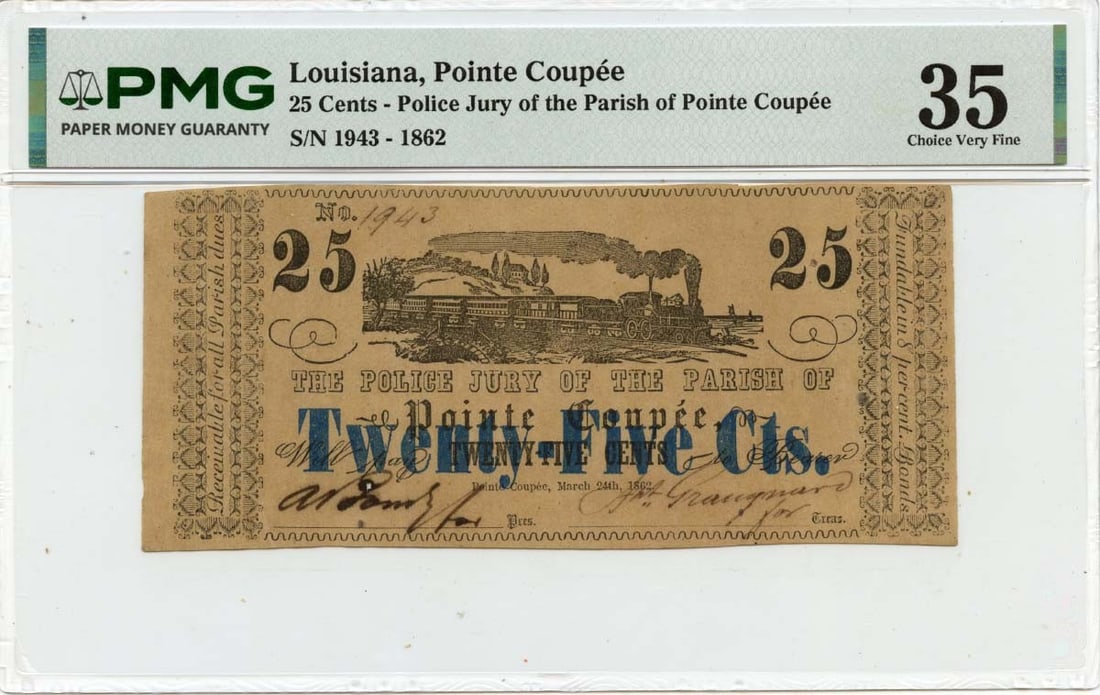 PMG VF35 1862 Pointe Coupee Parish Louisiana 25 Cent Obsolete Note (1 of 2)