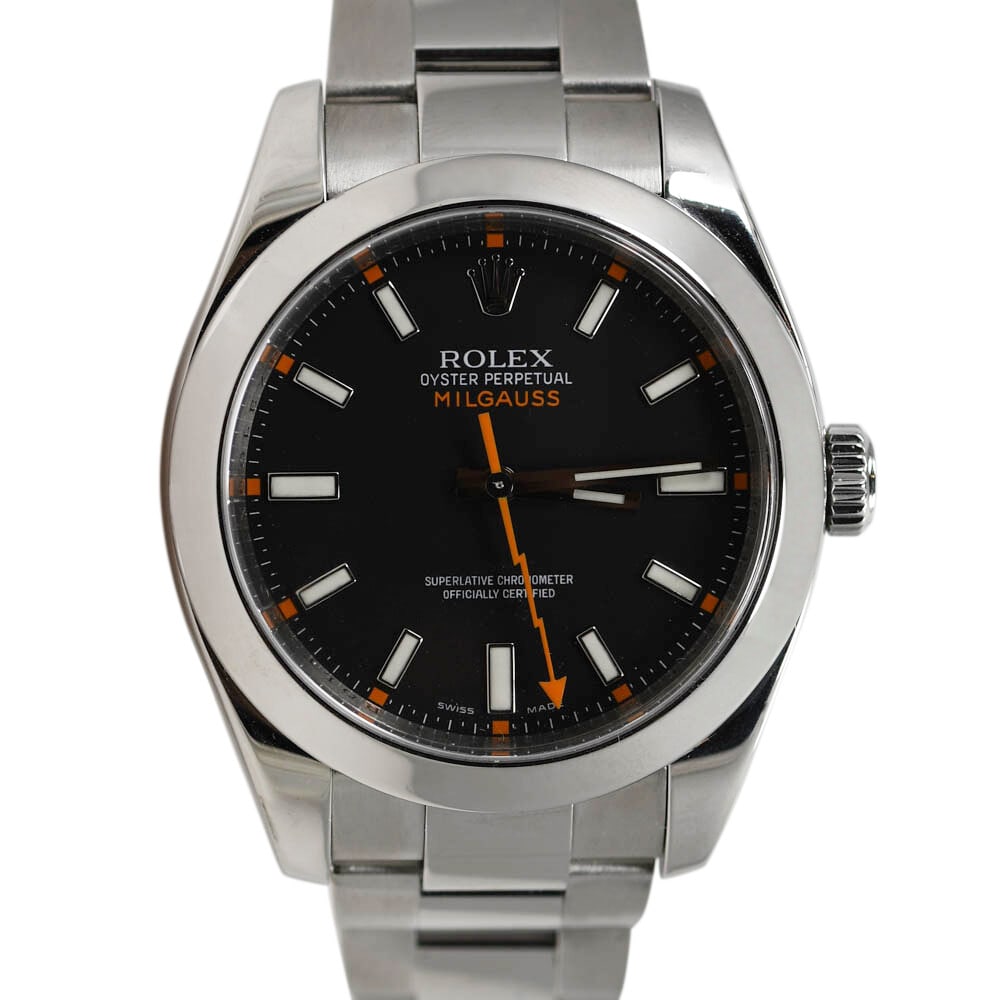 Rolex Milgauss 116400 Steel Men's Wristwatch with Box Papers: Rolex Milgauss 116400 Steel Men's Wristwatch with Box Papers This Rolex Milgauss is a luxury stainless steel wristwatch featuring a round 40mm case and a black dial. The model 116400 is equipped with 
