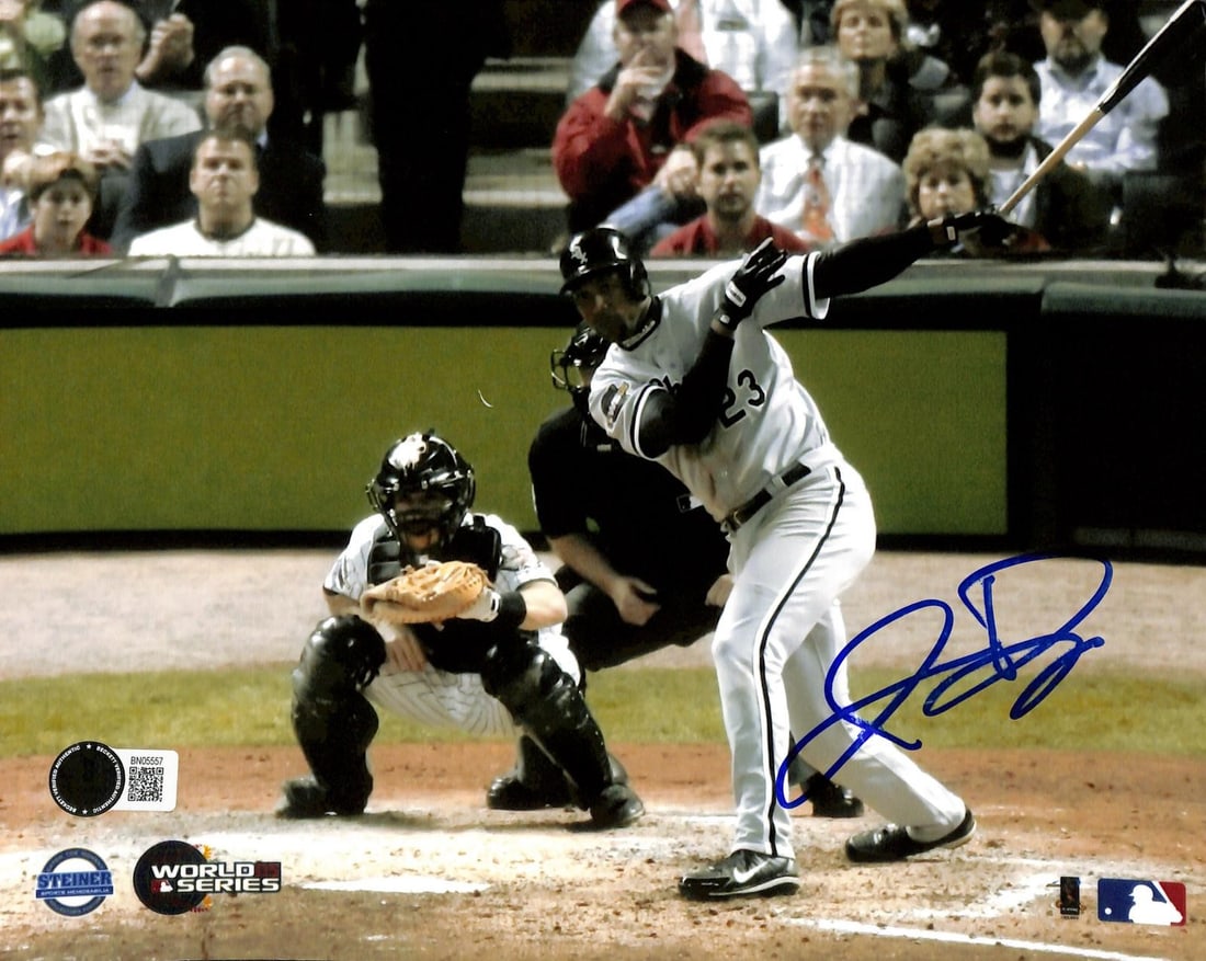 Autographed Jermaine Dye 8x10 White Sox World Series photo: Autographed Jermaine Dye 8x10 White Sox World Series photo This autographed 8x10 photograph features Jermaine Dye of the Chicago White Sox at bat during Game 3 of the 2005 World Series. The photo is h