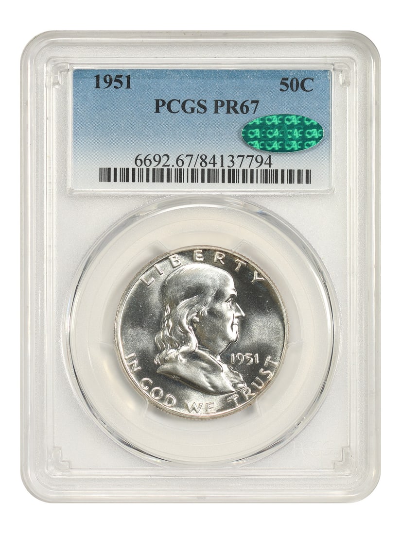 PCGS PR67 CAC 1951 Franklin Half Dollar 50C: PCGS PR67 CAC 1951 Franklin Half Dollar 50C 1951 Franklin Half Dollar 50C graded PR67 by PCGS with CAC approval. Struck in Philadelphia, this uncirculated coin has a certification number of 84137794 a