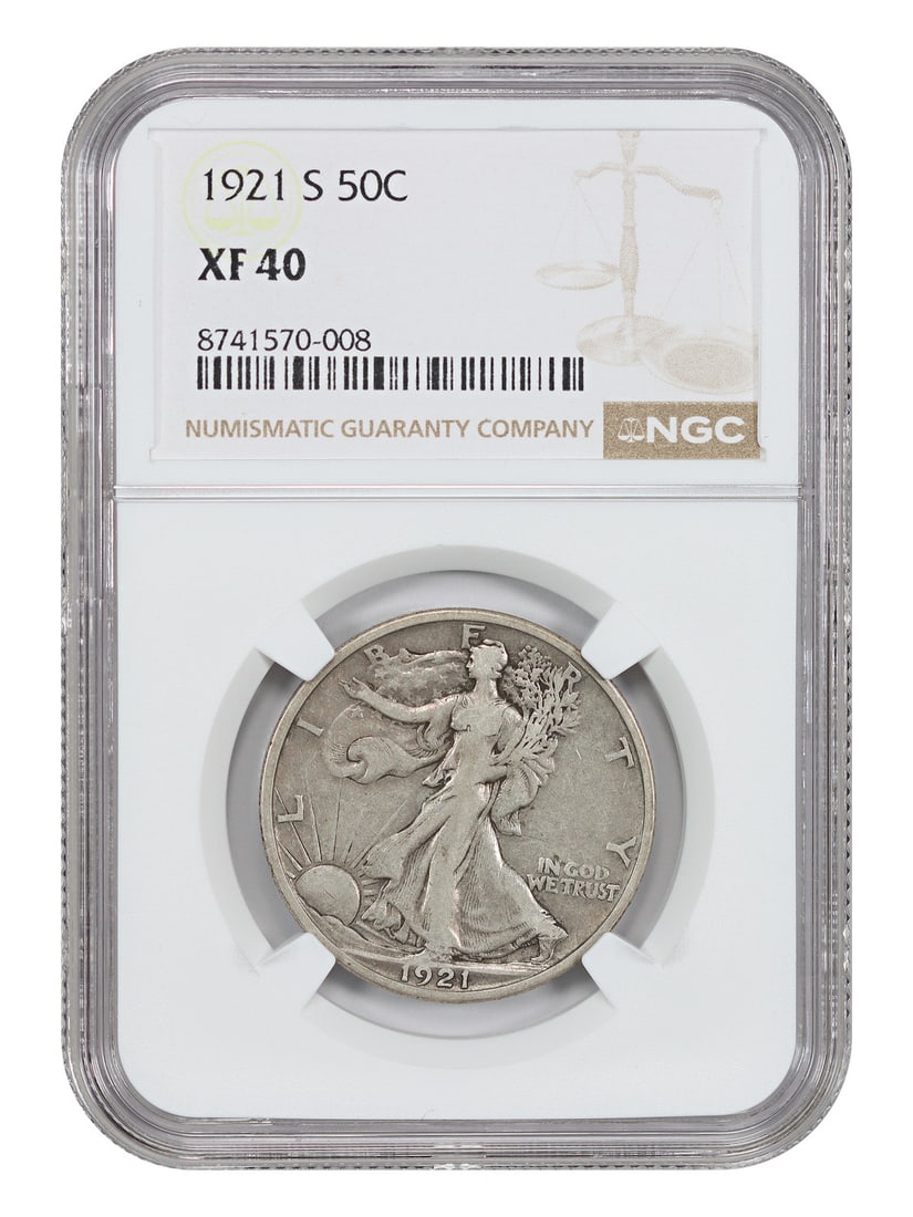 1921 S Walking Liberty Half Dollar 50C NGC XF40 Key Date: 1921 S Walking Liberty Half Dollar 50C NGC XF40 Key Date 1921-S Walking Liberty Half Dollar certified by NGC in XF40. A key date for the series, this circulated example is described as seldom encounte