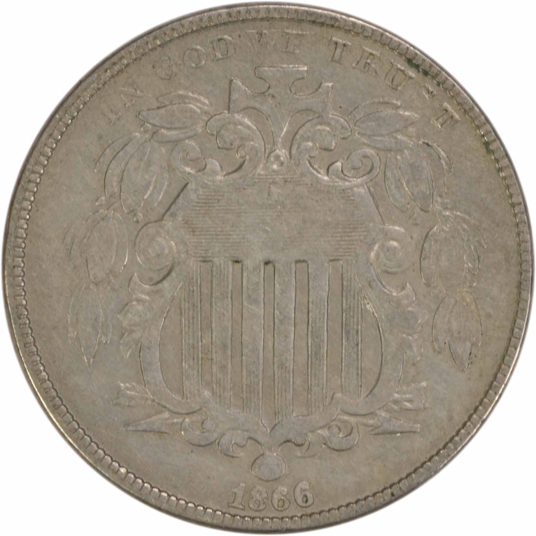 1866 5C Shield Nickel With Rays VF Philadelphia Uncertified: 1866 5C Shield Nickel With Rays VF Philadelphia Uncertified An 1866 Shield Nickel in VF grade, circulated and uncertified. This pre-owned United States coin has a plain edge and was designed by James 