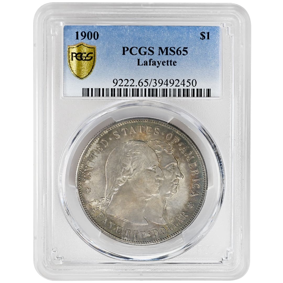 PCGS MS65 1900 Lafayette Silver Commemorative Dollar: PCGS MS65 1900 Lafayette Silver Commemorative Dollar 1900 Lafayette silver commemorative dollar graded PCGS MS65. This uncirculated United States coin is a well-preserved example with light gun-metal 