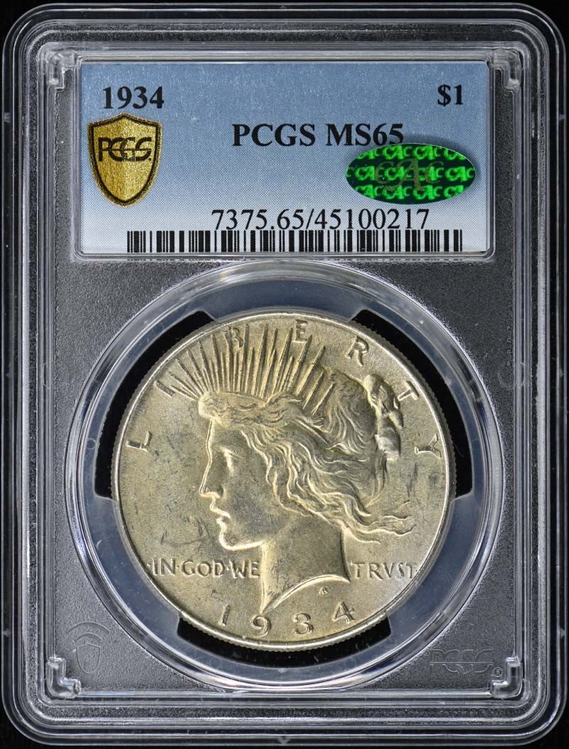 PCGS MS65 CAC 1934 United States Peace Dollar $1: PCGS MS65 CAC 1934 United States Peace Dollar $1 1934 Peace Dollar certified by PCGS and graded MS65 with CAC approval. This pre-owned United States silver dollar is listed as uncirculated and represe