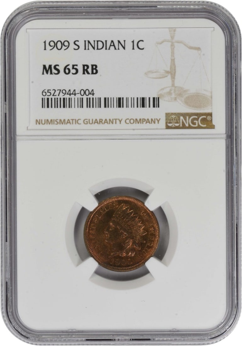 NGC MS65RB 1909 San Francisco Indian Head Cent Small Copper Coin: NGC MS65RB 1909 San Francisco Indian Head Cent Small Copper Coin This is a 1909-S Indian Head Cent graded MS65 Red Brown by NGC. Struck at the San Francisco Mint, this uncirculated coin is composed of