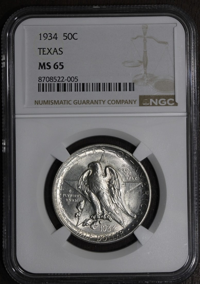 NGC MS65 1934 Texas Commemorative Silver Half Dollar 50C: NGC MS65 1934 Texas Commemorative Silver Half Dollar 50C 1934 Texas Commemorative Silver Half Dollar certified by NGC as MS65. This pre-owned United States 50C coin features the Texas commemorative va