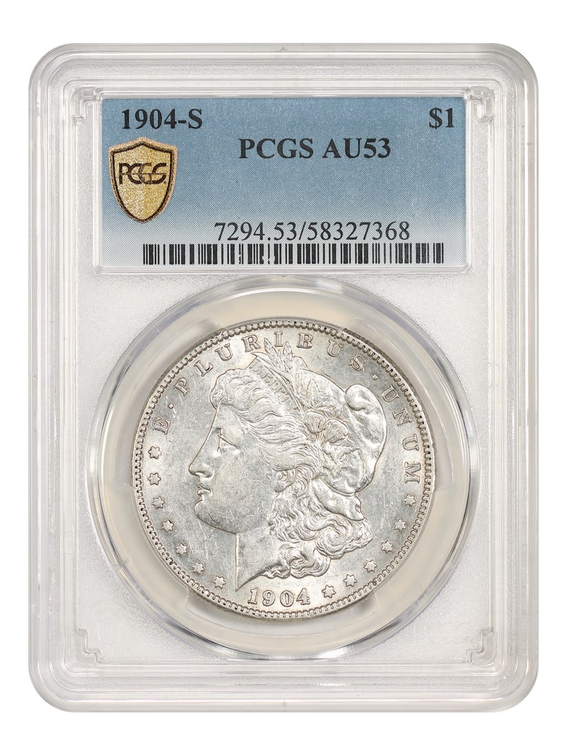 PCGS AU53 1904 S Mint $1 Morgan Silver Dollar: PCGS AU53 1904 S Mint $1 Morgan Silver Dollar 1904-S Morgan Dollar certified by PCGS in AU53. This circulated example is described as gently toned and still lustrous, with bold detail for this scarce 