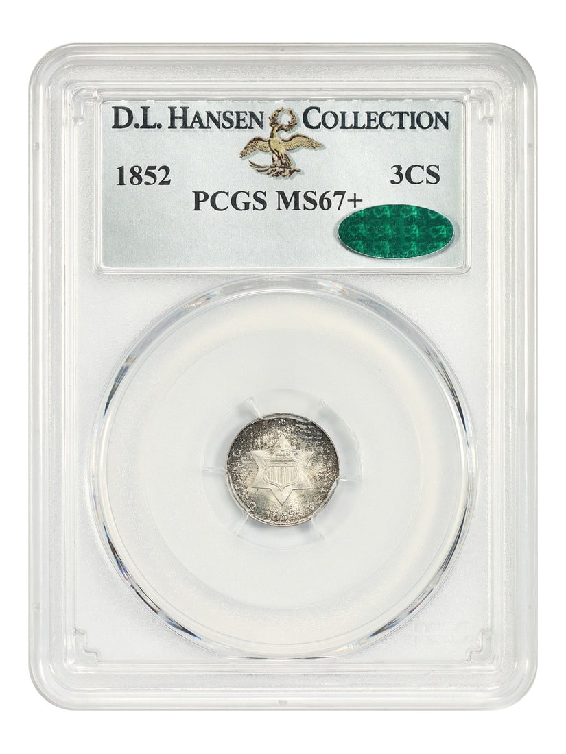 1852 Three Cent Silver PCGS CAC MS67+ ex D.L. Hansen: 1852 Three Cent Silver PCGS CAC MS67+ ex D.L. Hansen 1852 Three Cent Silver coin certified by PCGS as MS67+ and CAC approved. From a large mintage of more than 18.5 million pieces, this premium gem st