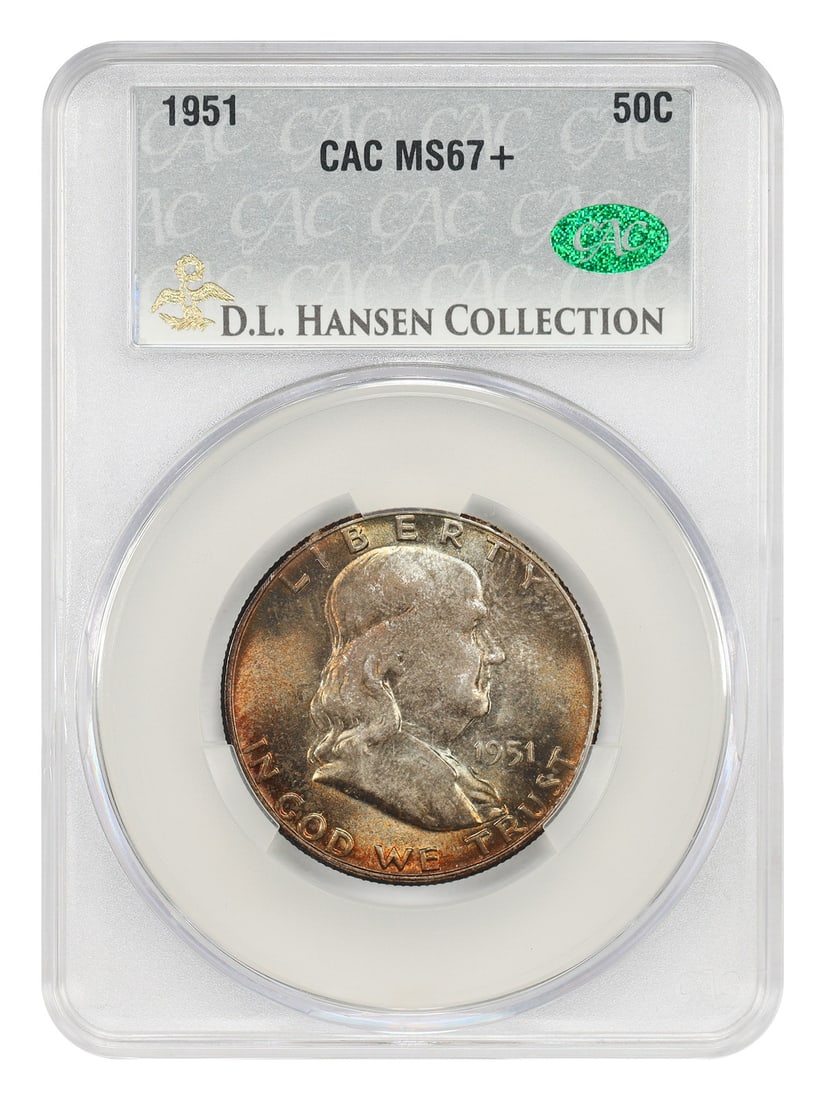 CACG MS67+ 1951 Franklin Half Dollar 50C ex D.L. Hansen: CACG MS67+ 1951 Franklin Half Dollar 50C ex D.L. Hansen 1951 Franklin Half Dollar certified by CACG in MS67+ grade. This uncirculated example is described as sharply struck, with satiny surfaces and a