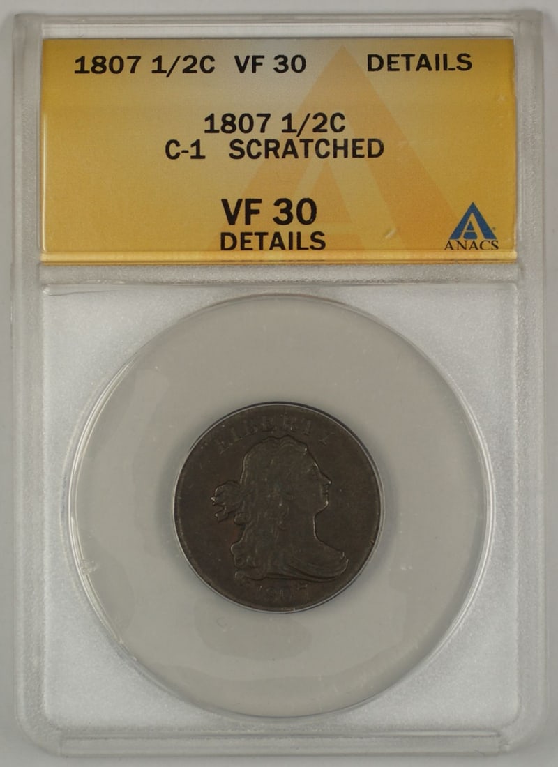 1807 ANACS VF-30 Draped Bust Half Cent C-1 Scratched Detail: 1807 ANACS VF-30 Draped Bust Half Cent C-1 Scratched Detail 1807 Draped Bust Half Cent coin graded VF-30 Details by ANACS. This circulated United States coin is identified as C-1 and noted as scratche