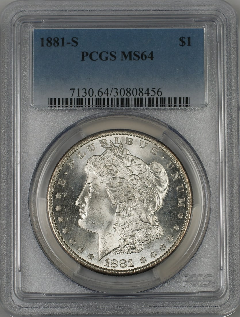 PCGS MS64 1881-S Morgan Dollar Silver Coin Toned Rim: PCGS MS64 1881-S Morgan Dollar Silver Coin Toned Rim This 1881-S Morgan Silver Dollar features a graded MS-64 certification by PCGS and is struck in silver at the San Francisco Mint. The coin displays