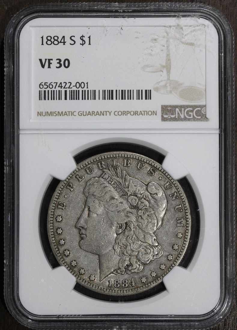 NGC VF30 Morgan Silver Dollar 1884-S: NGC VF30 Morgan Silver Dollar 1884-S This 1884-S Morgan Silver Dollar has been professionally graded VF30 by NGC. It originates from the United States and is in pre-owned condition. The coin features 