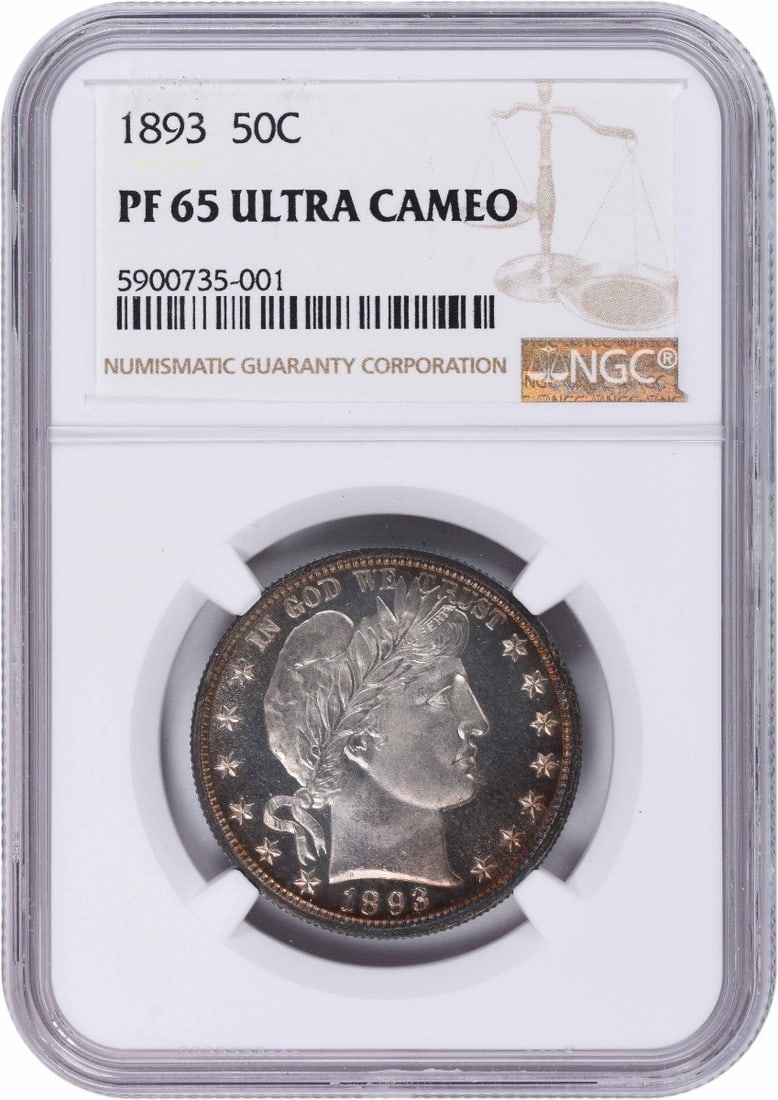 Proof 1893 Barber Half Dollar NGC Graded PF65 Ultra Cameo Silver Coin: Proof 1893 Barber Half Dollar NGC Graded PF65 Ultra Cameo Silver Coin This 1893 Barber Half Dollar is a proof strike coin from the Philadelphia Mint, graded PF65 Ultra Cameo by NGC. Designed by Charle