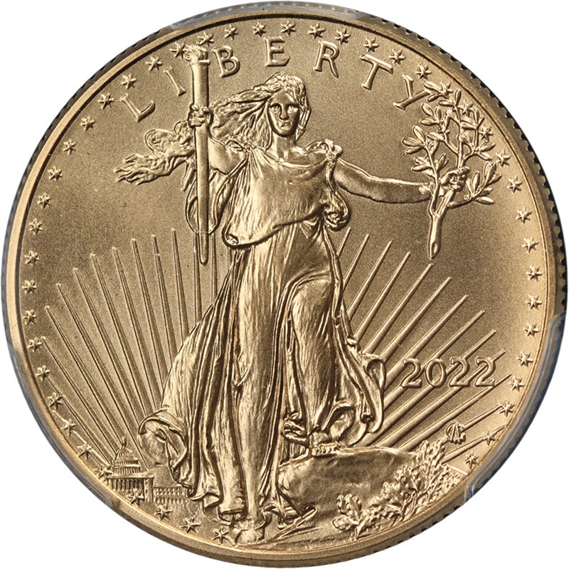 PCGS MS70 2022 $25 Gold Eagle Coin First Strike Uncirculated: PCGS MS70 2022 $25 Gold Eagle Coin First Strike Uncirculated This 2022 Gold American Eagle $25 coin is certified by PCGS as MS70 First Strike, indicating it is in perfect uncirculated condition with s