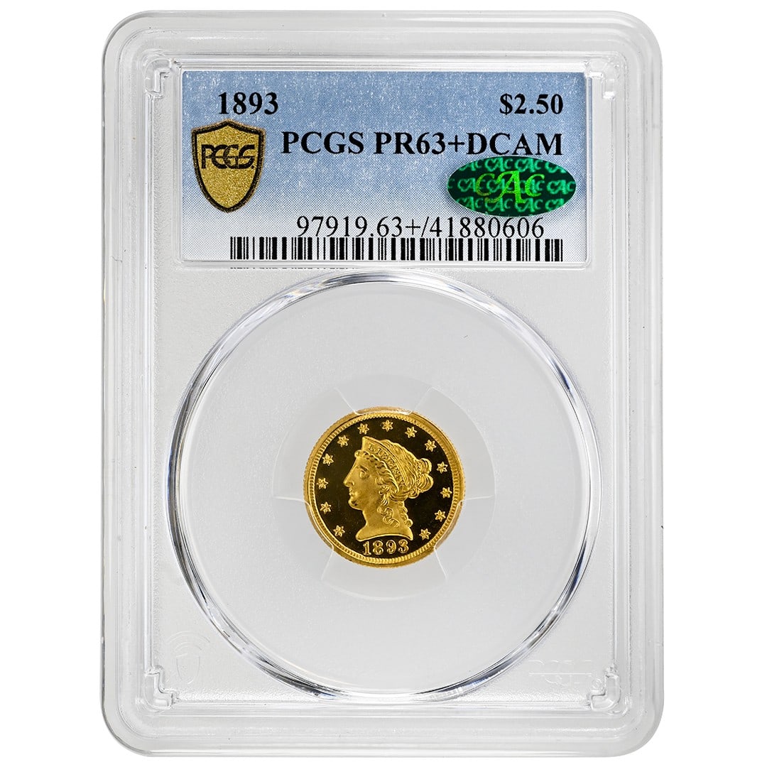 1893 Liberty Head $2.50 Gold Proof Coin PCGS PR63+DCAM CAC: 1893 Liberty Head $2.50 Gold Proof Coin PCGS PR63+DCAM CAC 1893 $2.50 Liberty Head gold coin from the United States, struck at the Philadelphia Mint. This proof deep cameo example is graded PR63+DCAM 