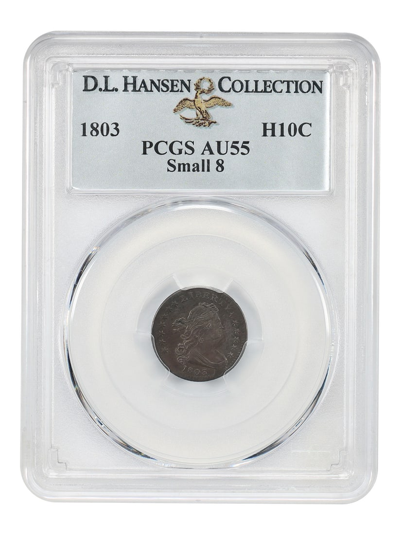 1803 Draped Bust Half Dime H10C PCGS AU55 Small 8 ex D.L. Hansen: 1803 Draped Bust Half Dime H10C PCGS AU55 Small 8 ex D.L. Hansen 1803 Draped Bust Half Dime, LM-1 variety, with the Small 8 date and the leaf joined to the bottom center of C in AMERICA. This circulat