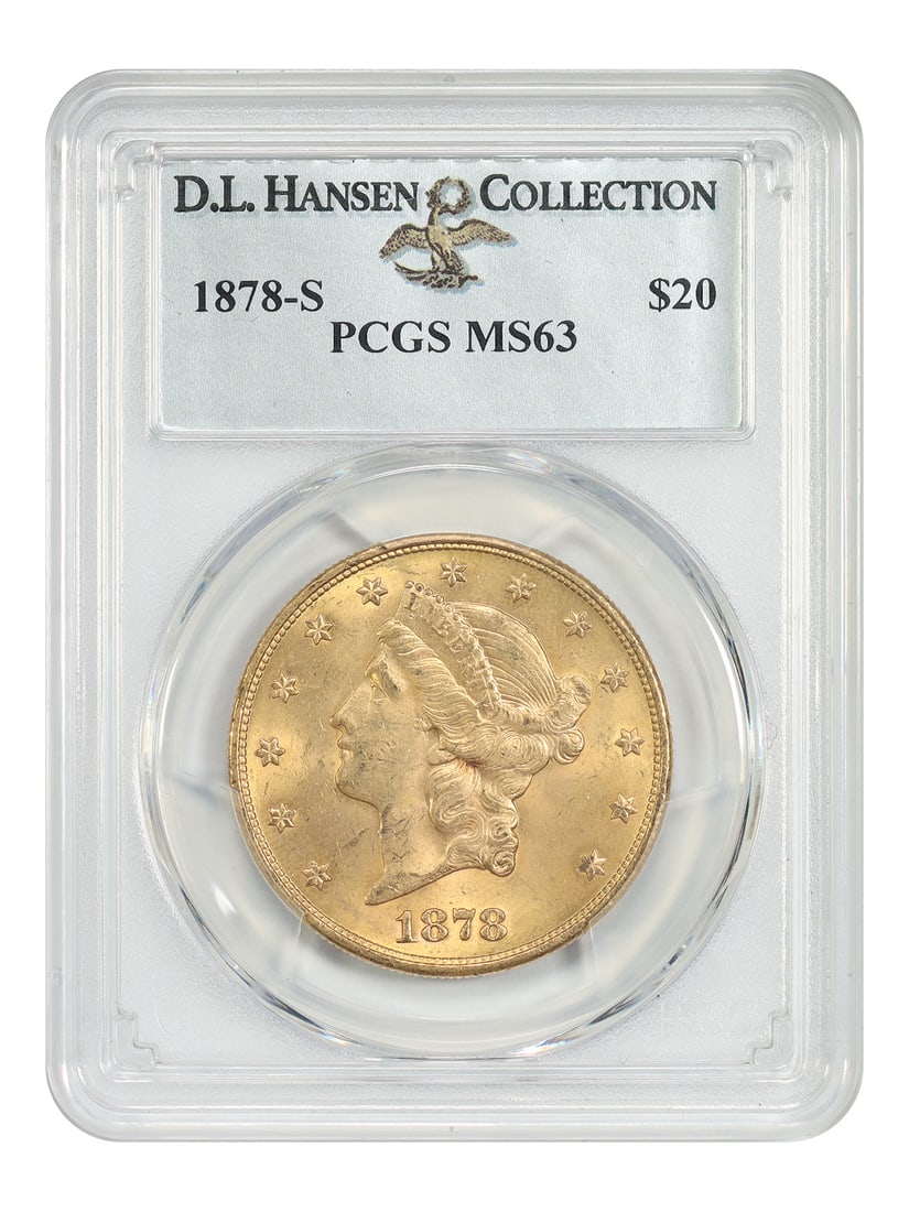 PCGS MS63 1878-S Liberty Head $20 Gold Coin ex D.L. Hansen: PCGS MS63 1878-S Liberty Head $20 Gold Coin ex D.L. Hansen 1878-S Liberty Head $20 gold coin graded PCGS MS63, ex D.L. Hansen. This uncirculated example is noted in the original listing as a smooth an