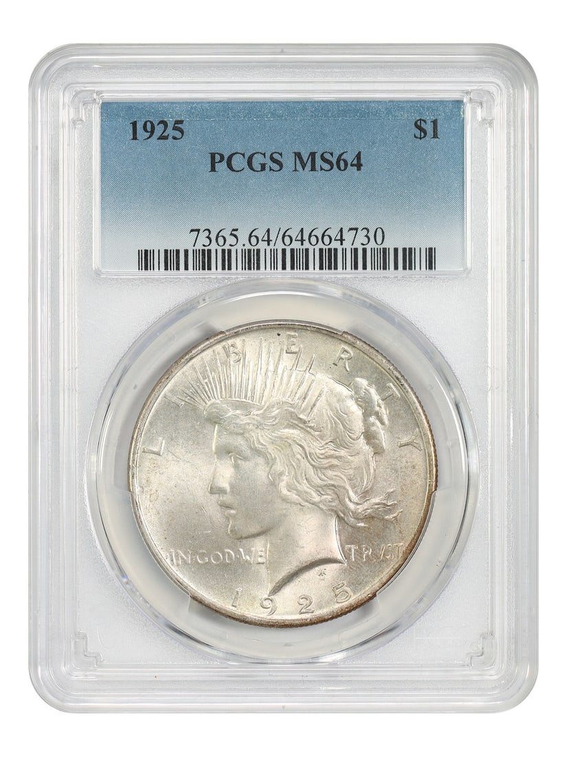 PCGS MS64 1925 Peace Dollar $1 Uncirculated: PCGS MS64 1925 Peace Dollar $1 Uncirculated 1925 Peace Dollar certified by PCGS in MS64 grade. This uncirculated, pre-owned coin was struck in Philadelphia. Specifications Denomination: $1 Year: 1925 
