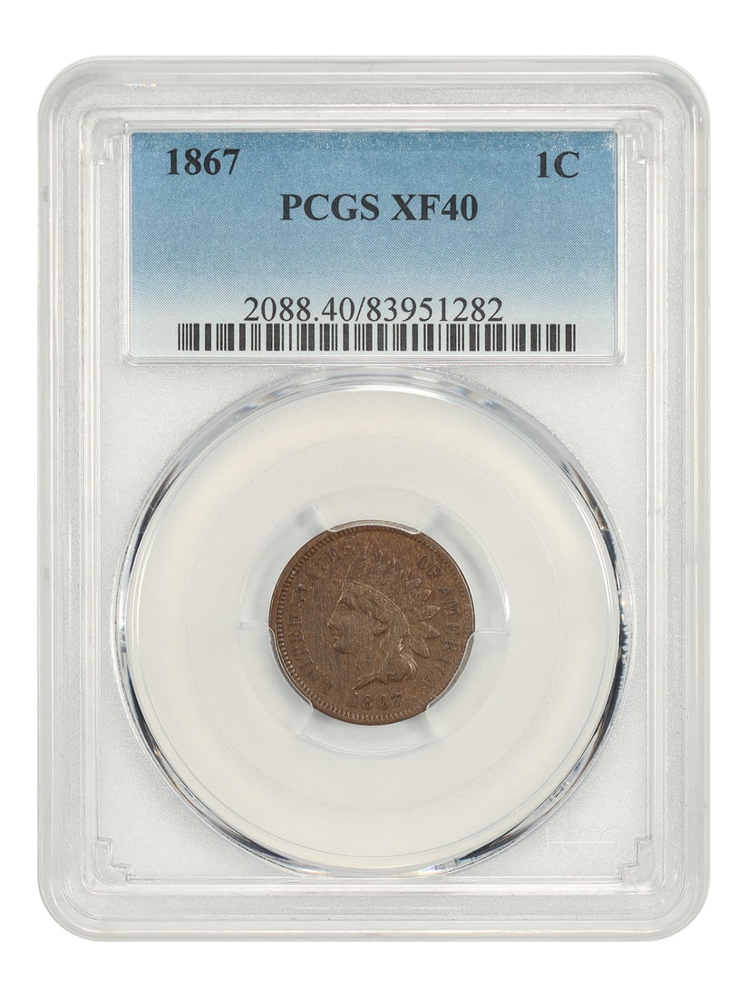 1867 Indian Cent 1C PCGS XF40 Better Date BN: 1867 Indian Cent 1C PCGS XF40 Better Date BN 1867 Indian Cent, a better date issue, certified by PCGS in XF40 and identified as a circulated example with brown color. Specifications Denomination: 1C Y