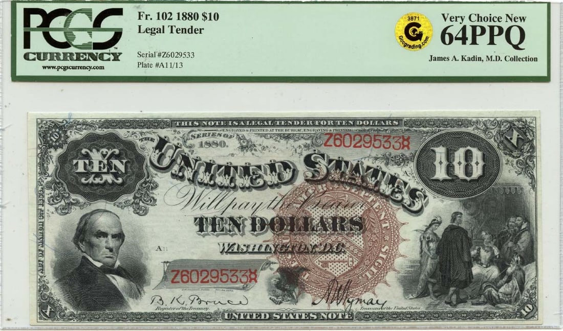 1880 Ten Dollar Legal Tender Note PCGS MS64 PPQ: 1880 Ten Dollar Legal Tender Note PCGS MS64 PPQ This is an 1880 $10 Legal Tender Note, certified by PCGS Currency with a grade of MS64 and a PPQ (Premium Paper Quality) designation. The note is uncirc