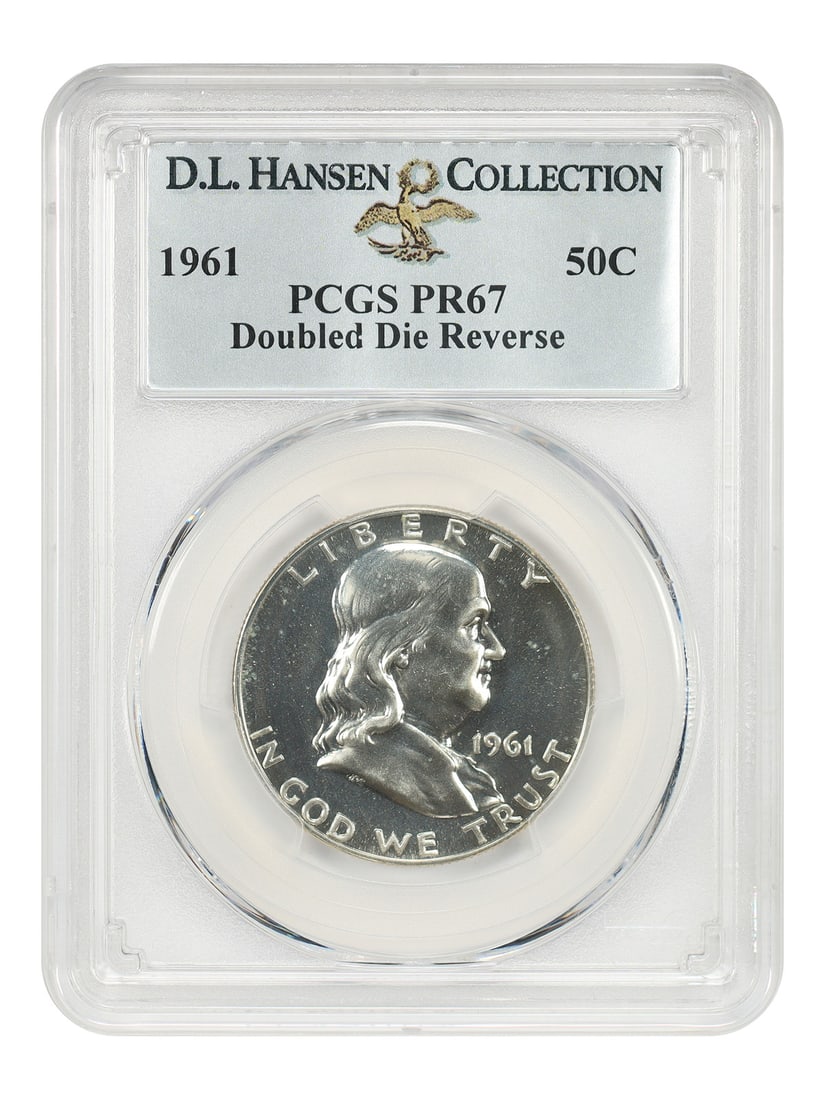 PCGS PR67 1961 Franklin Half Dollar 50C Doubled Die Reverse: PCGS PR67 1961 Franklin Half Dollar 50C Doubled Die Reverse 1961 Franklin Half Dollar with the Doubled Die Reverse variety, graded PCGS PR67 and pedigreed ex: D.L. Hansen. This uncirculated proof issu