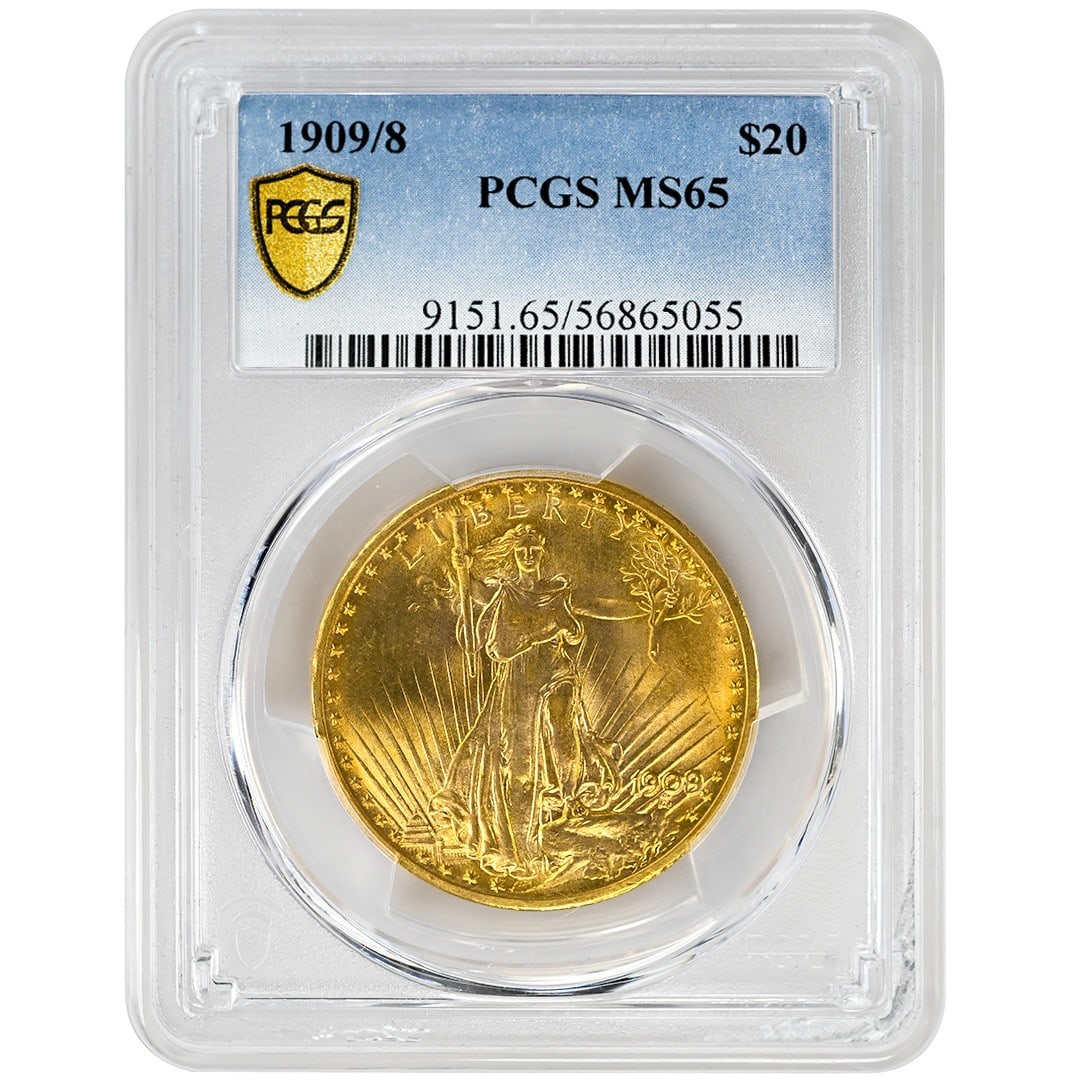 PCGS MS65 1909 8 Overdate $20 St. Gaudens Gold Coin: PCGS MS65 1909 8 Overdate $20 St. Gaudens Gold Coin Pre-owned 1909/8 $20 St. Gaudens gold coin graded PCGS MS65. This Type 3 With Motto issue is an uncirculated United States coin from Philadelphia. S