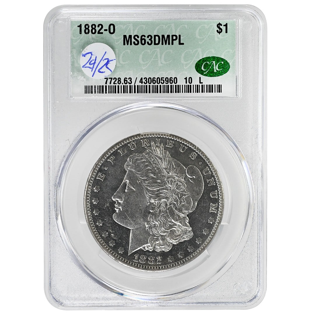 CACG MS63DMPL 1882 O Morgan Silver Dollar $1: CACG MS63DMPL 1882 O Morgan Silver Dollar $1 1882-O Morgan Dollar certified by CACG and graded MS63DMPL. This silver $1 coin was struck in New Orleans and is listed as uncirculated. Pre-owned. Specifi