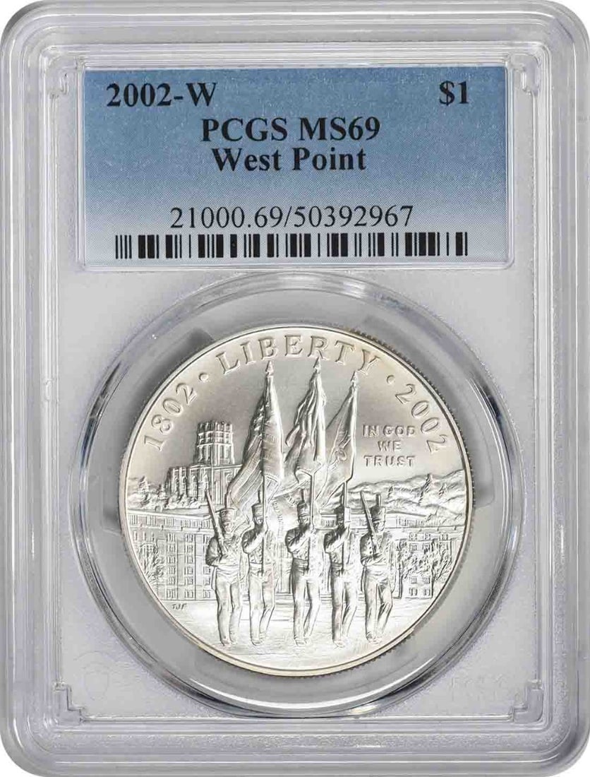 PCGS MS69 2002-W West Point Commemorative Silver Dollar: PCGS MS69 2002-W West Point Commemorative Silver Dollar 2002-W West Point Commemorative Silver Dollar graded MS69 by PCGS. This uncirculated pre-owned coin is struck in 90% silver and 10% copper and f