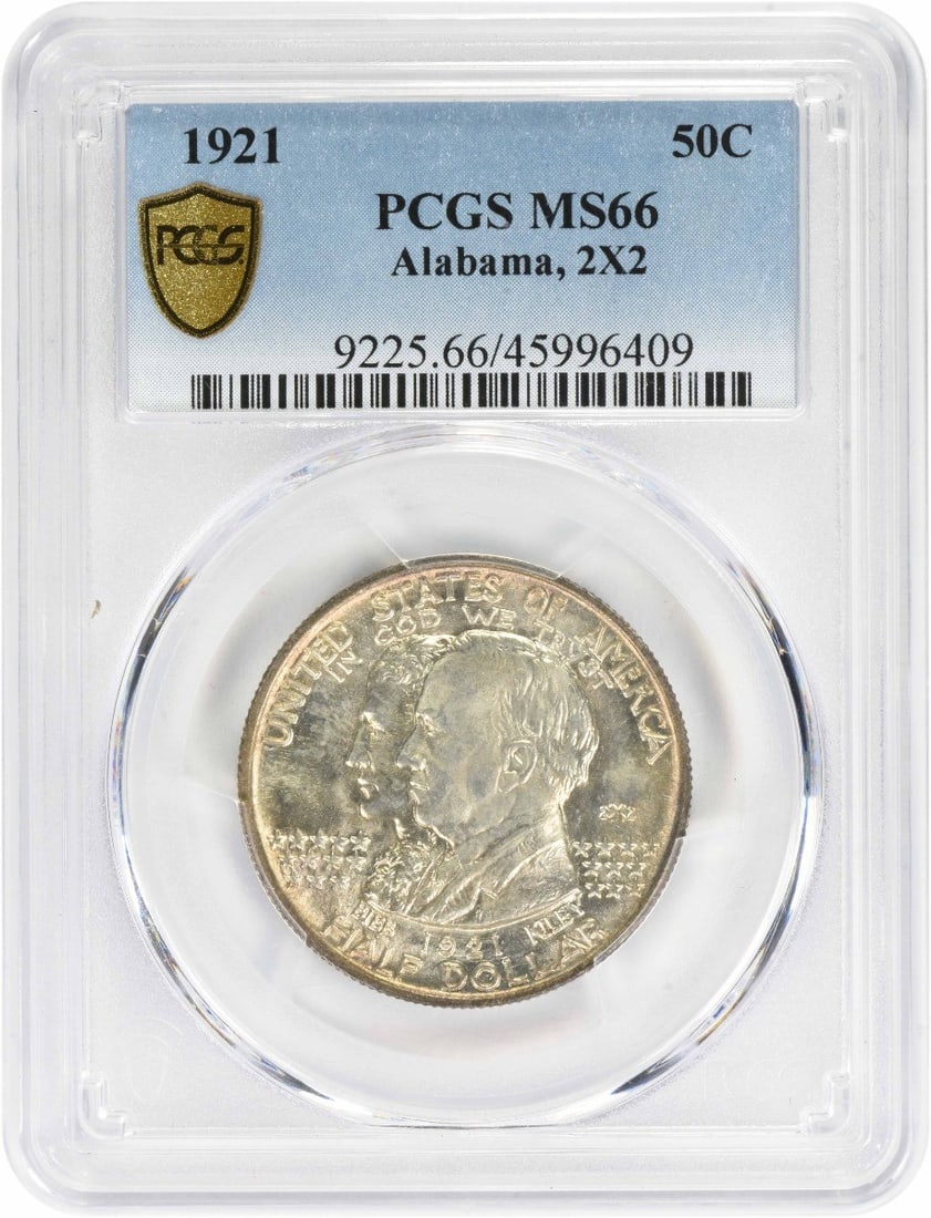 1921 Alabama Commemorative Silver Half Dollar MS66 PCGS Uncirculated: 1921 Alabama Commemorative Silver Half Dollar MS66 PCGS Uncirculated This Alabama 2x2 Commemorative Silver Half Dollar from 1921 features a stunning MS66 grade certification by PCGS, indicating it is 