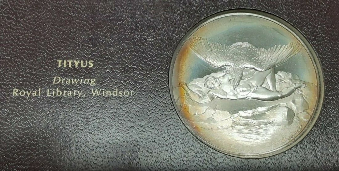 Tityus Sterling Silver Proof Medal Genius of Michelangelo Series: Tityus Sterling Silver Proof Medal Genius of Michelangelo Series This Franklin Mint Genius of Michelangelo proof medal features the depiction of Tityus, inspired by Michelangelo's frescoes from the La