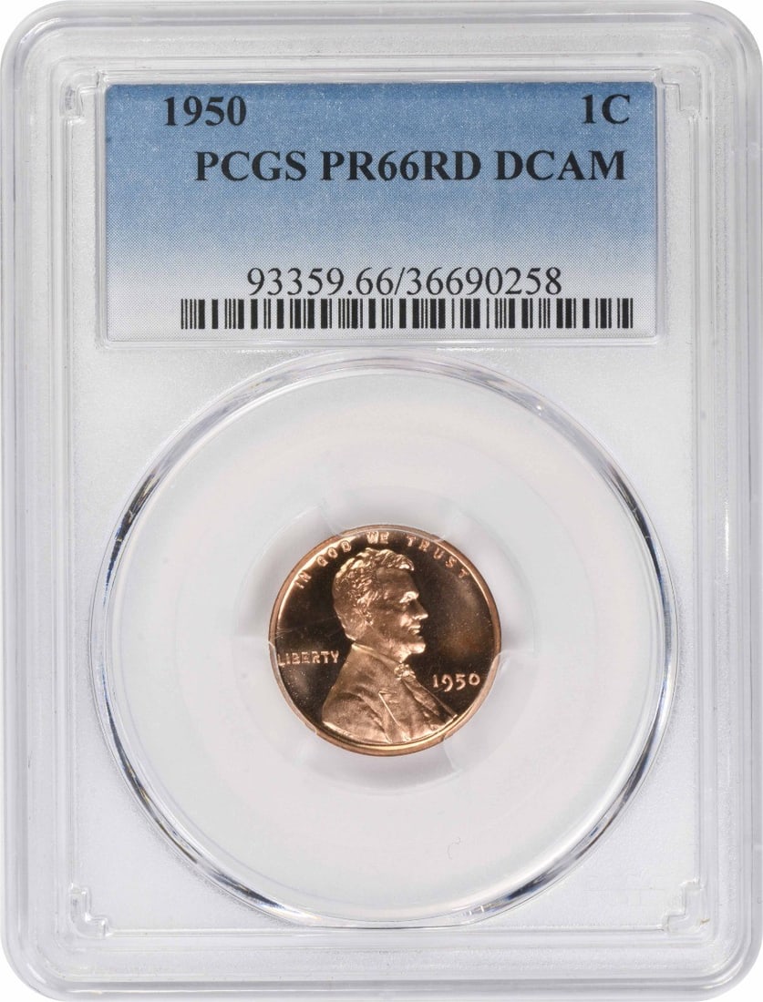 PCGS PR66RD 1950 Lincoln Wheat Proof Cent DCAM: PCGS PR66RD 1950 Lincoln Wheat Proof Cent DCAM This 1950 Lincoln Wheat Cent is a proof coin graded PR66RD DCAM by PCGS. Composed of copper, it features a brilliant deep cameo finish and is uncirculate