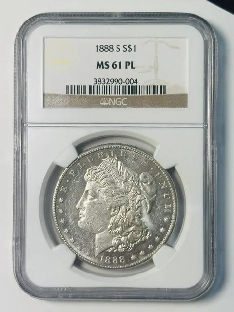 NGC MS 61 PL 1888 S Morgan Silver Dollar: NGC MS 61 PL 1888 S Morgan Silver Dollar 1888 Morgan Silver Dollar certified by NGC in MS 61 PL (Proof Like) condition. This pre-owned silver dollar was minted in San Francisco and features the sought