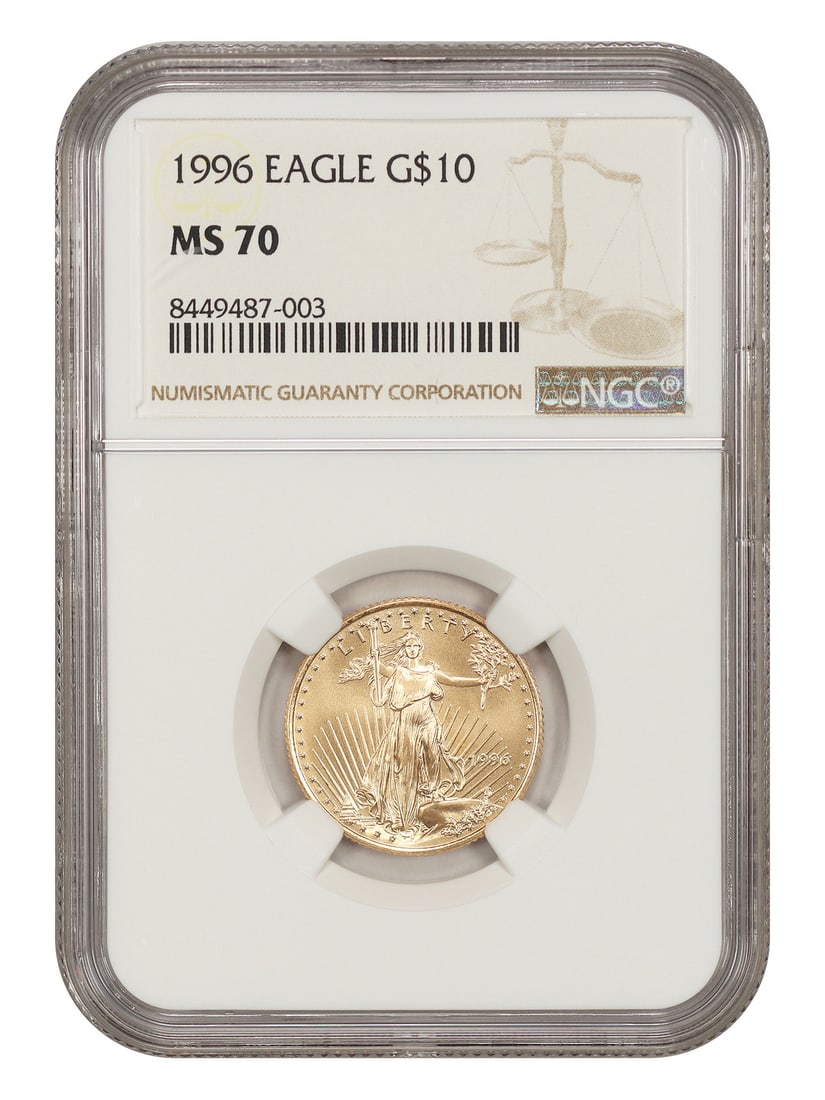NGC MS70 1996 $10 Gold Eagle Uncirculated Coin: NGC MS70 1996 $10 Gold Eagle Uncirculated Coin 1996 $10 Gold Eagle certified by NGC as MS70. This uncirculated pre-owned coin is identified as a $10 Gold Eagle. Specifications Denomination: $10 Coin T