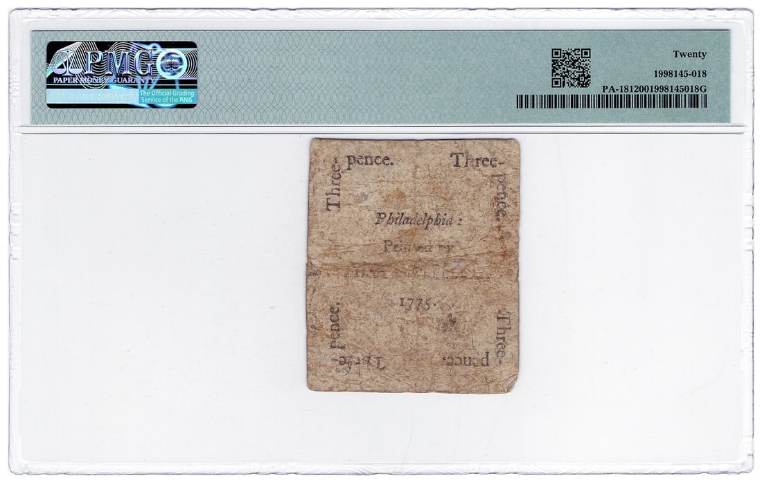 Pennsylvania Colonial 3 Pence Note Oct 25 1775 PMG VF20 Fr. PA-181: Pennsylvania Colonial 3 Pence Note Oct 25 1775 PMG VF20 Fr. PA-181 Pennsylvania Colonial currency note dated October 25, 1775, issued in the 3 Pence denomination. This circulated example is graded PMG