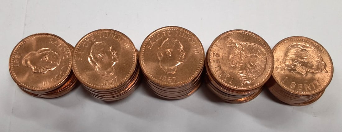 Partial Roll of 43 Uncirculated 1967 Tonga 1 Senti Bronze Coins Salote Tupou III (1 of 4)