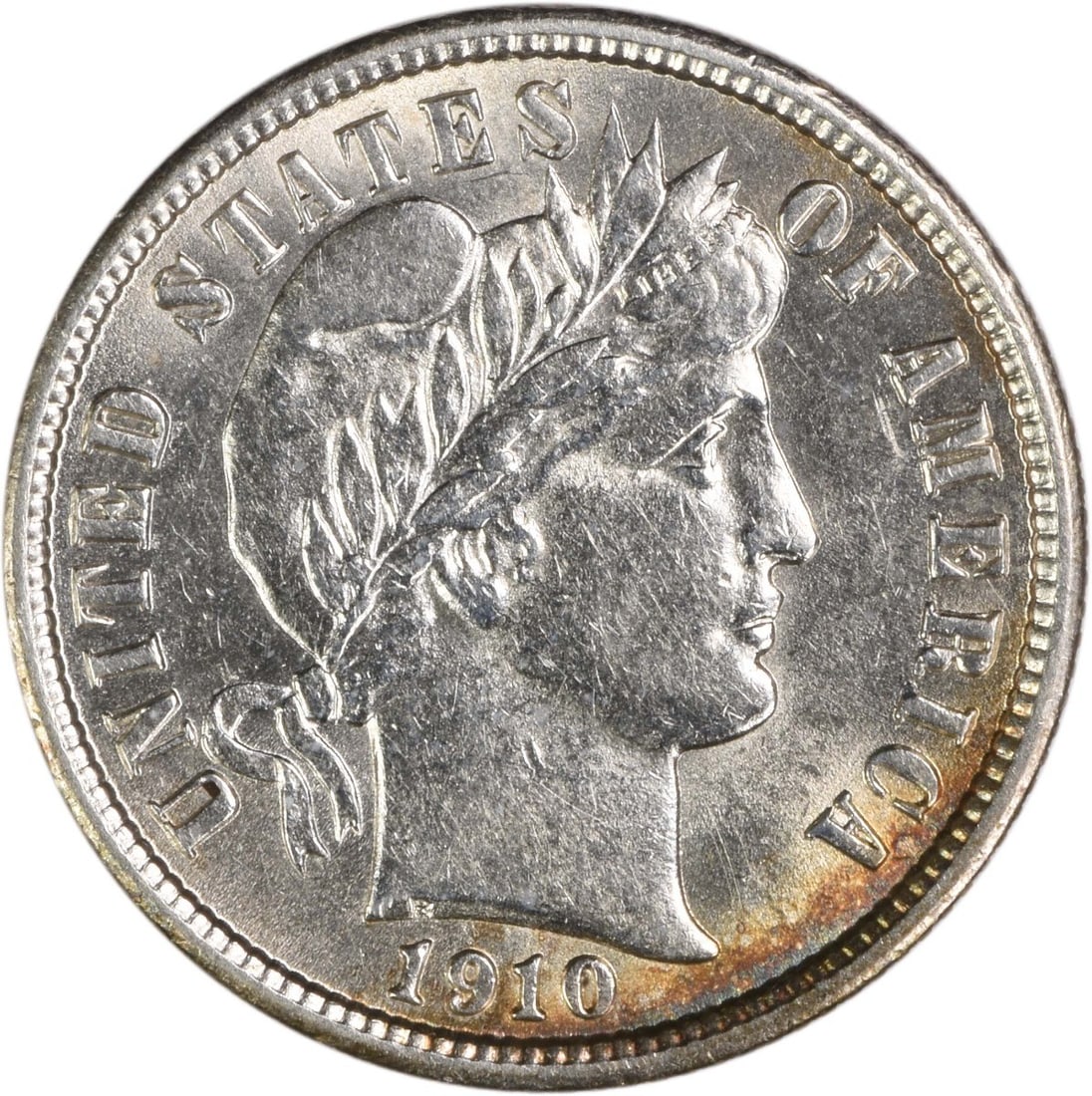 1910 Barber 10C Silver BU Uncertified Coin: 1910 Barber 10C Silver BU Uncertified Coin This 1910 Barber Silver Dime is an uncirculated coin, featuring the classic Barber design. Struck in silver, it is in Brilliant Uncirculated (BU) condition a