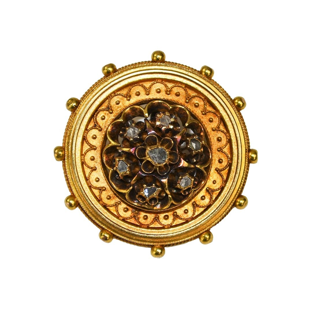 Antique 15k Yellow Gold Etruscan Revival Brooch with 7 Diamonds: Antique 15k Yellow Gold Etruscan Revival Brooch with 7 Diamonds Antique Etruscan Revival brooch crafted in 15k yellow gold and set with 7 diamonds. This pre-owned piece features attractive, intricate 