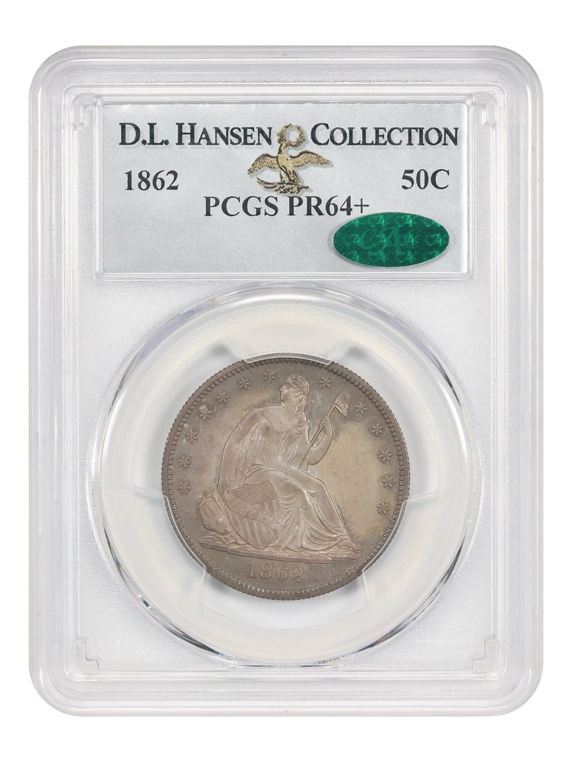 Liberty Seated Half Dollar 1862 50C PR64+ PCGS CAC Proof: Liberty Seated Half Dollar 1862 50C PR64+ PCGS CAC Proof 1862 Liberty Seated Half Dollar proof coin certified by PCGS as PR64+ and approved by CAC. This uncirculated example is one of only 550 struck 