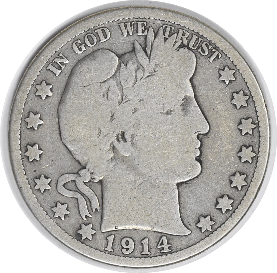 1914 United States Barber 50C Silver Half Dollar VG Uncertified: 1914 United States Barber 50C Silver Half Dollar VG Uncertified 1914 Barber Half Dollar in circulated VG condition. This pre-owned United States 50C coin is uncertified and composed of silver. Specifi